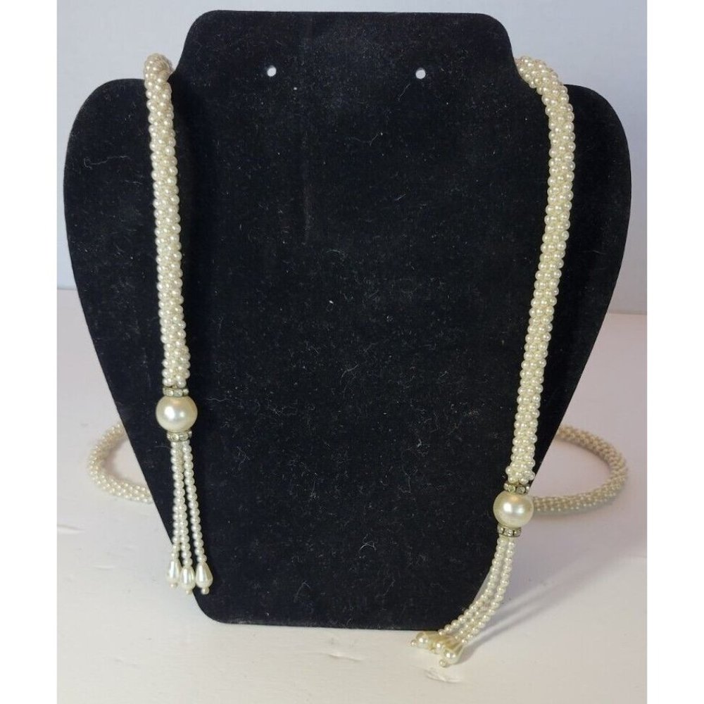 Vintage White Faux Pearl Bead Belt / Necklace with Tassel 50"
